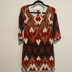 Geometric Patterned Red and Brown 3/4 Sleeve Dress